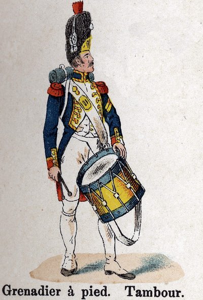 Imperial Guard Napoleon I: Grenadier til fots - Tromme. Tallerken fra boken Les Uniformes de l