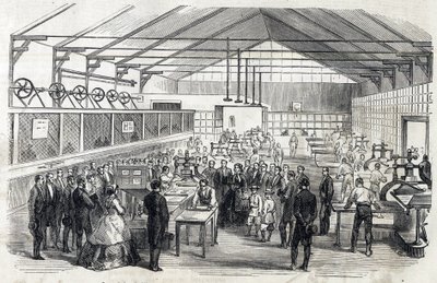 Impress Eugenie and Imperial Prince visit the Banque de France, 23 June 1866 - printing of banknotes - engraving in Le MONDE Illustrous DU 07/07/1866 av French School