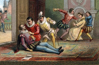 I 1589 myrdet munken Jacques Clement kong Henry III med et stikk etter å ha fått ham til å lese et brev. Kongen døde i armene til Henrik av Navarra. Kromolitografi rundt 1890. av French School