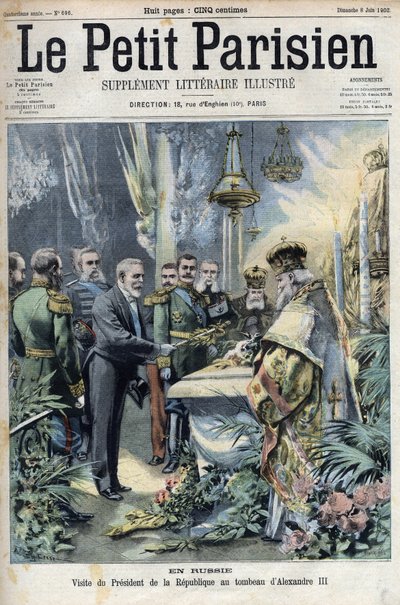 In Russia: visit of President Emile Loubet (1838-1929) to the tomb of Alexander III (1845-1894), Emperor of Russia, in " Le petit Parisien”” av French School
