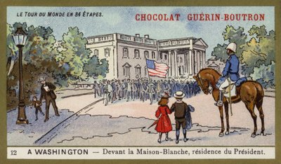 Foran Det hvite hus, residensen til presidenten, Washington DC (chromolitho) av French School