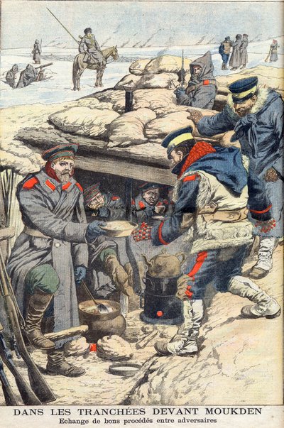 I skyttergravene før Mukden, russisk-japansk krig. Japanske og russiske tropper utveksler mat og drikke. I skyttergraven foran Mukden. Utveksle god prosess mellom motstandere. Illustrasjon for Le petit Journal, 22. januar 1905. av French School