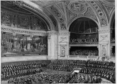 Innvielse av det nye Sorbonne i 1889: det store amfiteateret under seremonien. av French School