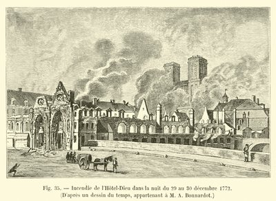 Brann på Hôtel-Dieu natten 29. til 30. desember 1772, etter en tegning av tiden, tilhørende M A Bonnardot av French School