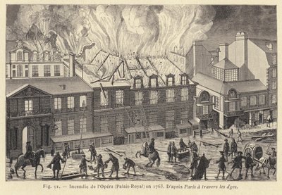 Brann ved operaen, Palais-Royal, i 1763 (gravering) av French School