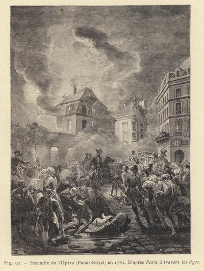 Brann ved operaen, Palais-Royal, i 1781 (gravering) av French School