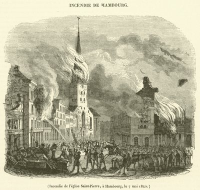 Brenning av St. Peters kirke, Hamburg, 7. mai 1842 (gravering) av French School