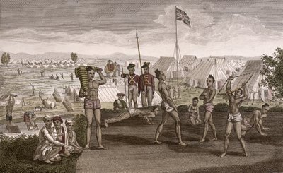 Indiske krigere trener med utsikt over den engelske beboerleiren, ca. 1810 av French School
