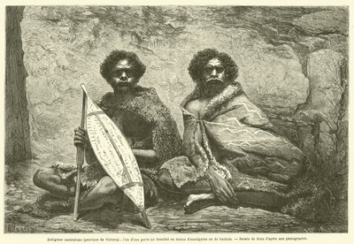 australske innfødte (provinsen Victoria); en av dem har et skjold laget av eukalyptus eller banksia bark (gravering) av French School