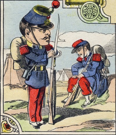 Infanterilinje. Gravering i "Comic Military Alphabet". Femte serie. Epinal avbildning. Pellerin og Cie, Printers, Epinal, slutten av 1800-tallet. 16 sider. Mål: 25x18,5cm av French School