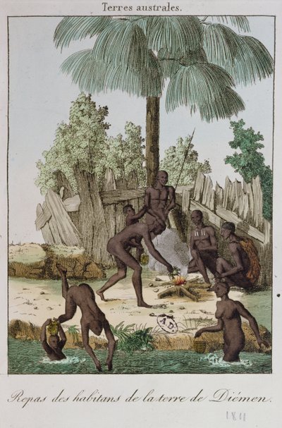 Innbyggere i Diemen tilbereder et måltid, 1811 av French School