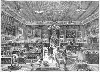 Inne i Palais de l'Industrie, Paris, under Elektrisitetsutstillingen i 1881, pub. C. 1885. av French School