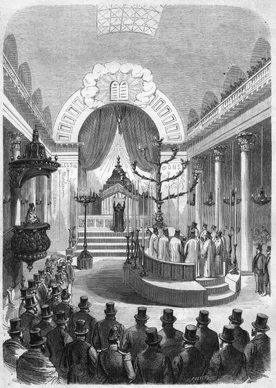 Installasjon av overrabbineren for verneplikten til Bordeaux, i synagogen i byen i 1864. Gravering fra Mr. Duffets skisse. av French School
