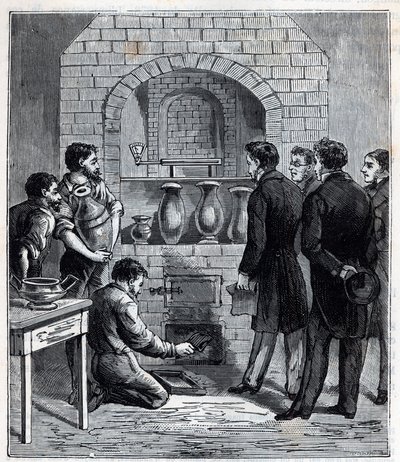 Installation of the pyrometer by Alexandre Brongniart (1770 -1847) French scientist at the manufacture of Sevres - Engraving in “Sciences mises à la gratete de tous - physics et chimie populaires”” by Alexis Clerc - End of 19th century. Private collection. av French School