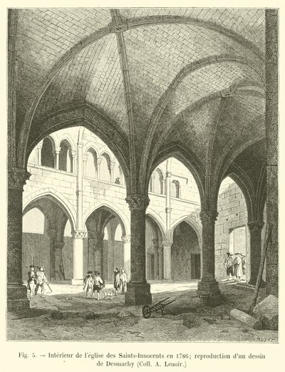 Interiør av de hellige-uskyldiges kirke i 1786; reproduksjon av en tegning av Desmachy, Coll A Lenoir av French School