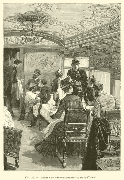 Interiør i Wagon-Restaurant of the Orient-toget (gravering) av French School