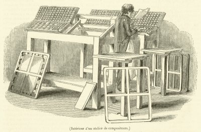 Interiør i et komponistverksted (gravering) av French School