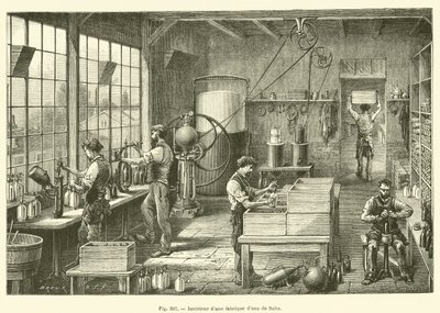 Interiør av en seltzer vannfabrikk (gravering) av French School
