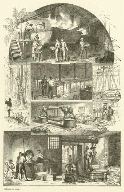 Interiør i et sukkerraffineri (gravering) av French School