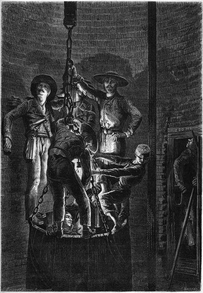 Innvendig utseende av en kullgruvebrønn: oppstigning av søppelcontaineren. 1861. Gravering i "" Le Monde Illustré"" nr. 238 av 2. november av French School