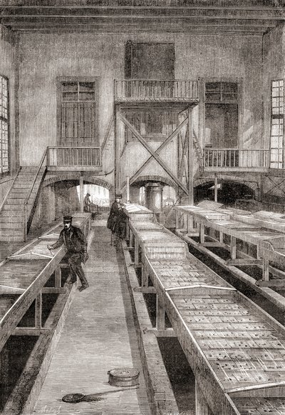 Interiør av en fiskefarm fra 1800-tallet i Huningue, Frankrike, fra Les Merveilles de la Science, utgitt ca. 1870 (gravering) av French School