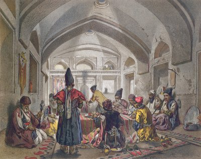 Interiør av en Caravanserai i Persia, midten av det nittende århundre av French School