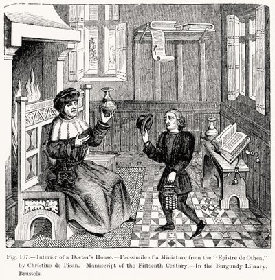 Interiør i et doktorhus, fra Epistre dOthea av Christine de Pisan, illustrasjon fra vitenskap og litteratur i middelalderen og renessansen, skrevet og gravert av Paul Lacroix, 1878 (gravi av French School