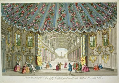 Interiør i et galleri som fører til Vauxhall Gardens av French School