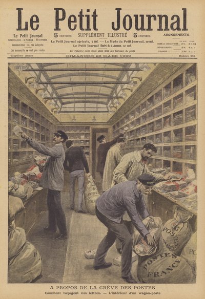 Interiør i en postvogn på et fransk tog (farge litho) av French School