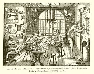 Interiøret i Atelier of Etienne Delaulne, en berømt gullsmed i Paris, i det sekstende århundre av French School