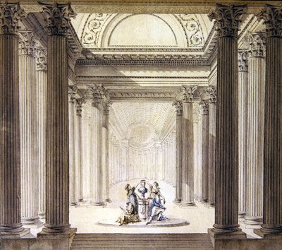 Interiør av dydens tempel, ca. 1770 (penn og blekk med akvarell på papir) av French School