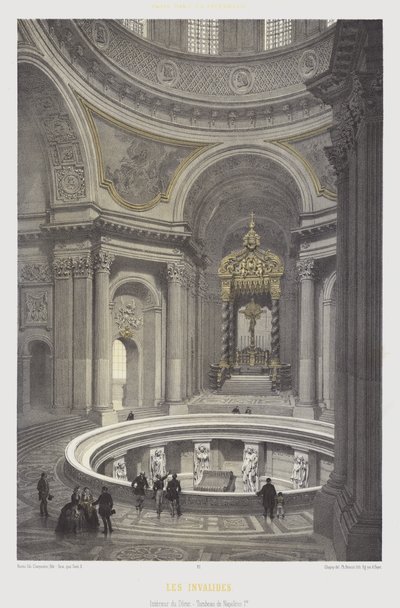 Interiør av kuppelen og graven til Napoleon I, Les Invalides, Paris (farge litho) av French School