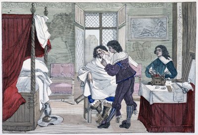 Interiør i huset til en frisør på 1600-tallet - i "Paris gjennom århundrene"" av French School