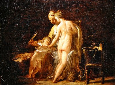 Interiør med en dame ved badet hennes, ca. 1800 (olje på panel( av French School