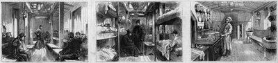 Internal view of the ambulance wagon and kitchen wagon of a medical train of the French Societe de secours aux wesses militaires. Engraving in “” Le Monde Illustré”” n°846 of 28 June 1873. av French School