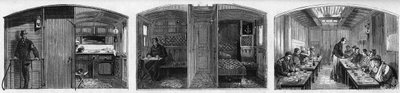 Innvendig visning av legevognen og matvognen til et medisinsk tog fra det franske Societe de secours aux weses militaires. Gravering i "" Le Monde Illustré"" nr. 846 av 28. juni 1873. av French School