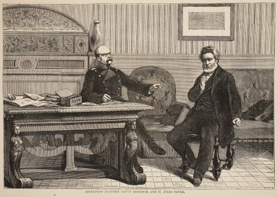 Intervju mellom grev Bismarck og M. Jules Favre, september 1870, illustrasjon fra Cassells History of the War between France and Germany, 1870-1871 av French School