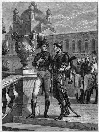 Intervju av Alexander I av Russland (1777-1825) og Michel Duroc (1772-1813) i St. Petersburg i april 1801 - Gravering av 1865 i "Histoire du Consulate et de la Empire" av Louis Adolphe Thiers - Samtale mellom keiser Alexander I av Russland (1777- av French School