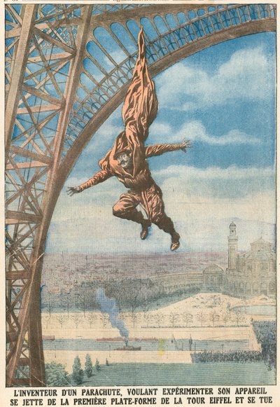 Oppfinneren av en fallskjerm hopper fra Eiffeltårnet av French School