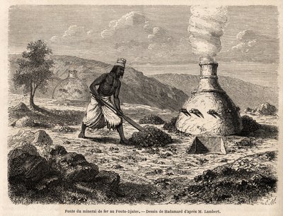 Jernmalmsmelting ved Fouta Djalon, Senegal, tegning av Hadamard, for å illustrere løytnant Lamberts reise til Fouta Djalon i 1860. Gravering i «Le tour du monde» 1861. Selvas samling. av French School