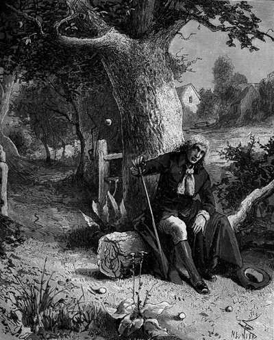 Isaac Newton (1642-1727), engelsk matematiker og astronom, oppdager forestillingen om jordens tyngdekraft gjennom et eple som faller fra et epletre i Woolsthorpe. av French School