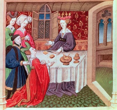 Isolde ber dronning Guinevere om beskyttelse, Roman du Chevalier Tristan av French School