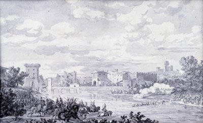 Italiensk landsbygd: Den franske hæren førte elven Mincio til Borghetto i 1796. Anonym tegning. Paris, Louvre-museet av French School