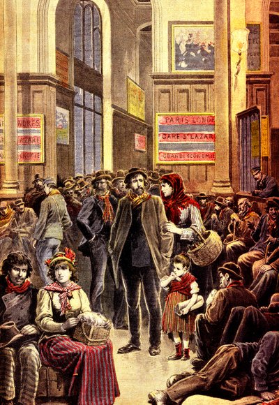 Italienske emigranter i Paris på Gare Saint Lazare jernbanestasjon i mars 1896 (gravering) av French School