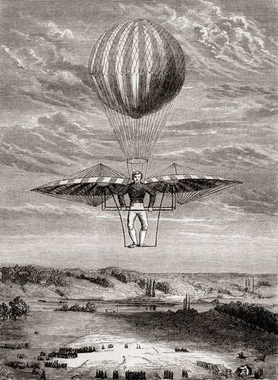 Jacob Degens ornitopter fra 1808 med klaffventiler, der piloten sto på en stiv ramme og bearbeidet vingene med en bevegelig horisontal stang, fra #39;Les Merveilles de la Science#39;, utgitt ca. 1870 (lito) av French School