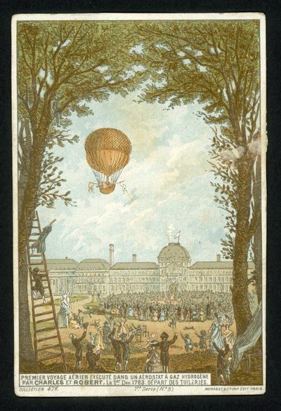 Jacques Charles og Marie-Noel Robert gjorde den første oppstigningen i en hydrogenballong, Paris, 1. desember 1783 av French School