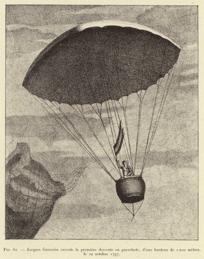Jacques Garnerin utfører den første nedstigningen med fallskjerm, fra en høyde på 1000 meter, 22. oktober 1797 av French School