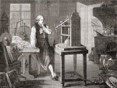 James Watt i sitt verksted i Glasgow forbedrer Thomas Newcomens 1712 Newcomen-dampmaskin med sin Watt-dampmaskin i 1781, fra Les Merveilles de la Science, pub.1870. av French School