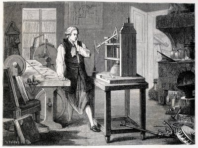 James Watt studerer perfeksjonen av Newcomens maskin (1767) - i "" Album of Science; berømte lærde; Store funn”” 1896. av French School