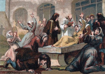 Jansenism: the convulsionaries (Jansenist fanatics) of the cemetery Saint Medard (Saint Medard) under Louis XV. chromolithography around 1890. av French School